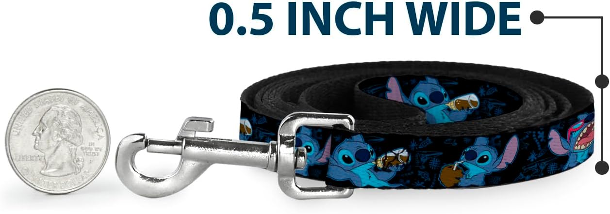 Buckle-Down Pet Leash - Stitch Snacking Poses Black/Blue - 6 Feet Long - 1.5" Wide