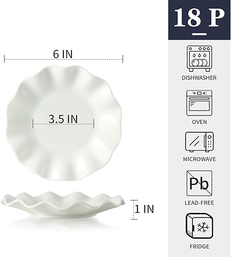 Miniatura 3 de TAMAYKIM 18 platos de postre de porcelana de 6 pulgadas, platos pequeños para aperitivos, juegos de vajilla con borde ondulado, aptos para