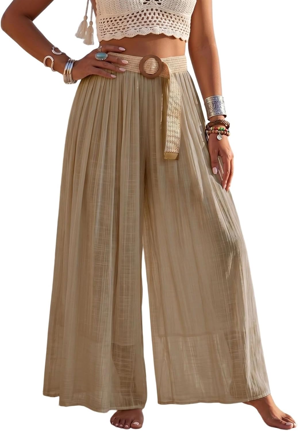 Womens Linen Wide Leg Pants Belted Elastic Waist Pleated Flowy Pants Lightweight Beach Vacation Palazzo Trousers