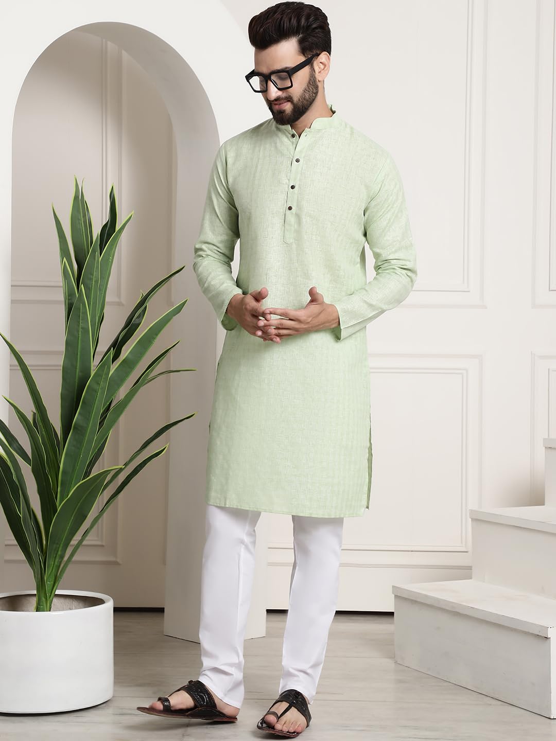 Sojanya (Since 1958 Men's Cotton Blend Green Checked Kurta And White Churidar Pyjama Set