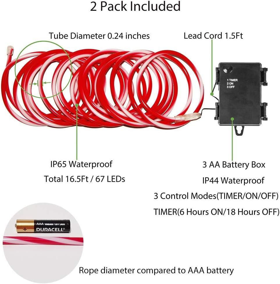 TWINKVILLA Rope Lights Battery Powered, 16.5ft Red&White Candy Cane Tube with 67 Cool White LED Fairy Lights, Waterproof with Timer for DIY Wedding, Party, Garden, Corridor, Christmas Decor-2Pack