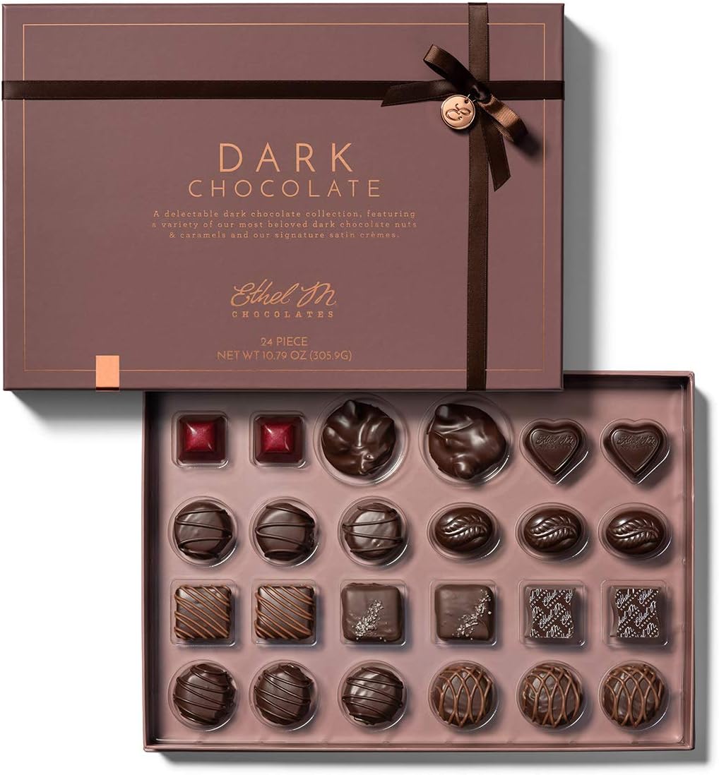Ethel M Chocolates 24 Piece Premium Dark Chocolate Collection Assortment Candy Gift Box ? Exotic flavors, lemon, vanilla, caramel and more