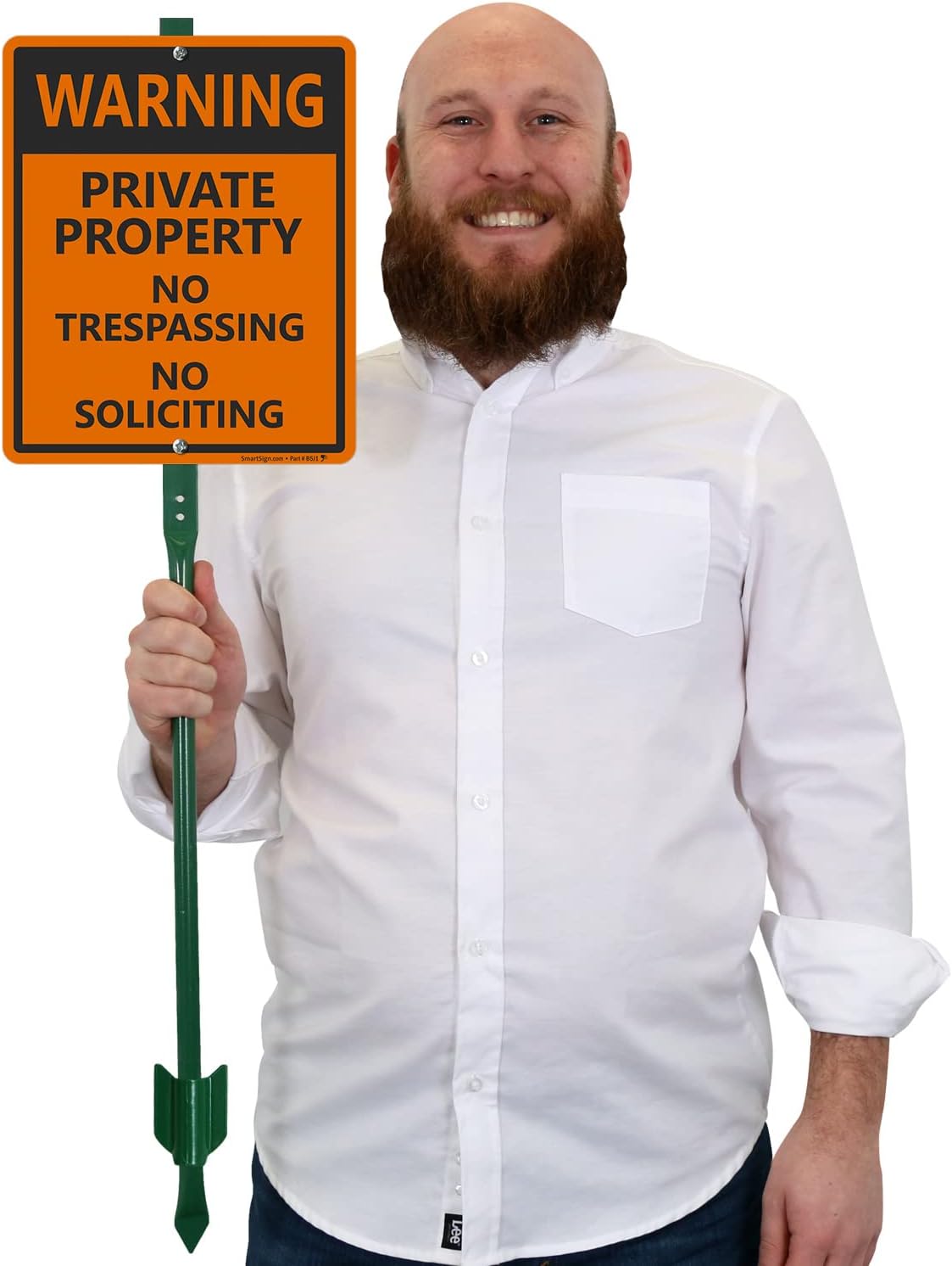 SmartSign "Warning - Private Property, No Trespassing, No Soliciting" LawnBoss® Sign | 10" x 12" Aluminum Sign With 3' Stake