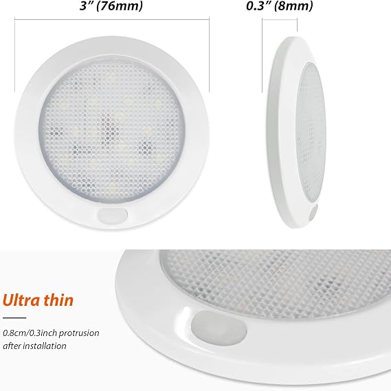 Dream lighting LED DC 12volt Dome Light with Switch for Interior RV Camper Trailer Marine Boat Cabin Ceiling Down Light3 inch, Dimmable Cool White Light, with Memory Function