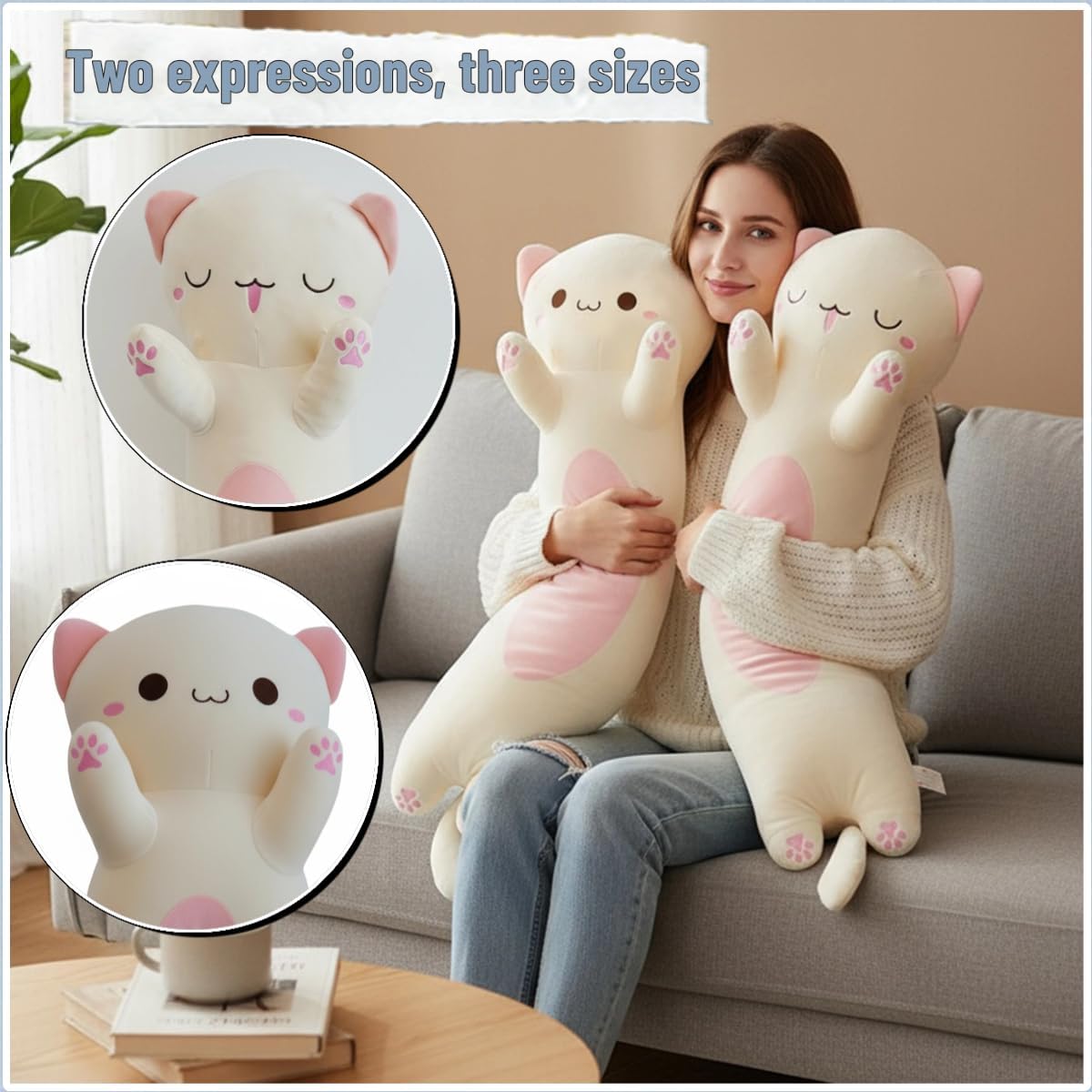 Cat Plush, Soft Long Cat Plush Pillow, Cute Kitten Plushies Toy Stuffed Animal Kitty Hugging Pillow for Kids Boys Girls Room Decor (Beige, Sleepy Eyes, 60cm/23.62inch)