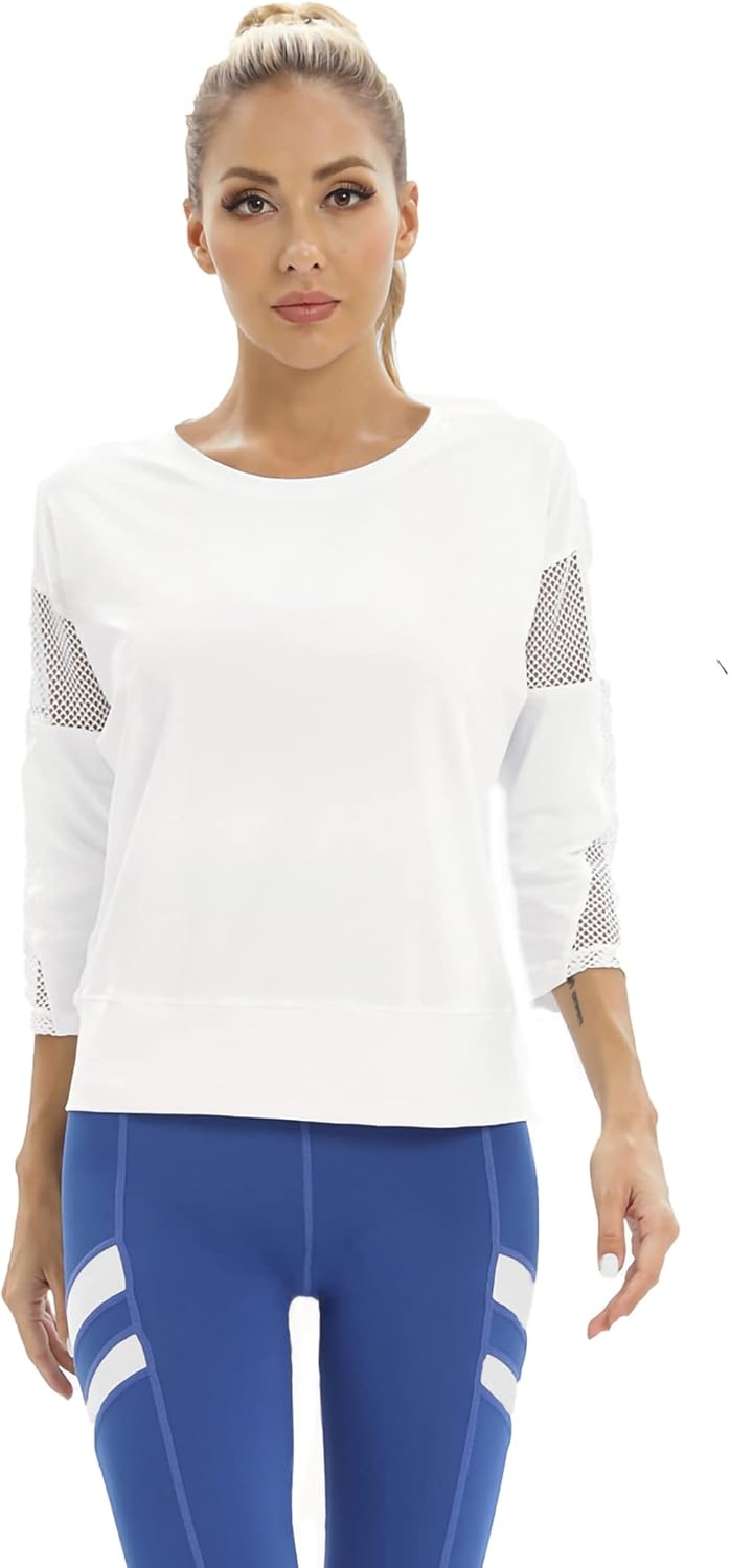 Workout Shirts for Women,Womens Mesh Athletic Shirt Yoga Gym Tops Sportwear 3/4 Sleeve Workout Tops for Women