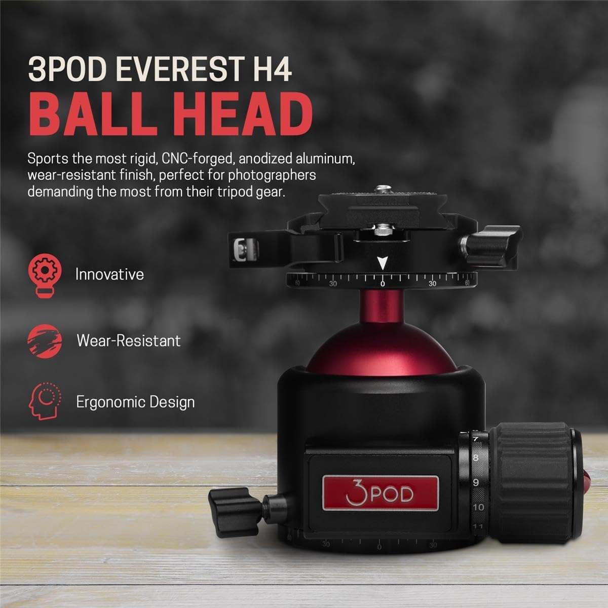 3Pod Everest Series H4 Ball Head, Arca Swiss Quick Release Plate, 360° Rotating Tripod Ball Head Mount, Max Load 55.1 lbs, Tripod Head 1/4" Screw for DSLR Camera, 3/8" Screw Hole for Tripod, Monopod