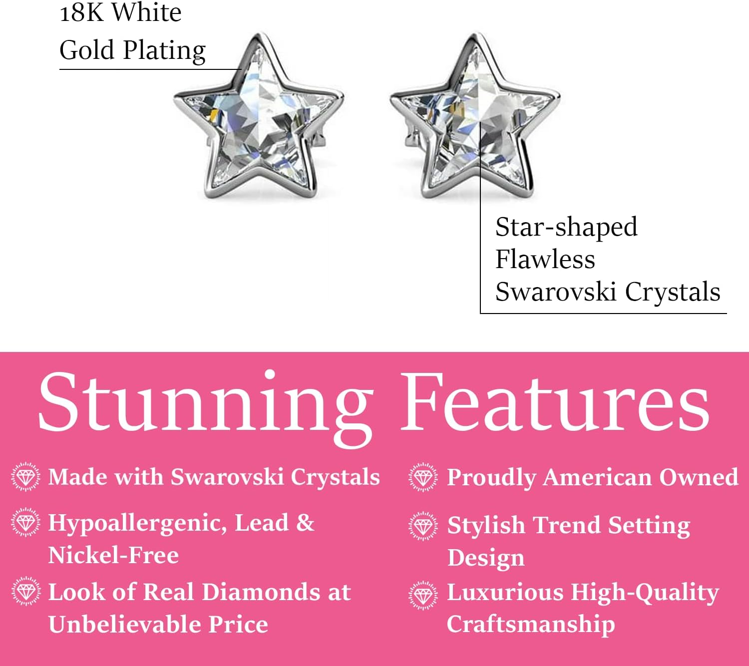 Cate & Chloe Lealani 18k White Gold-Plated Star Stud Earrings with Simulated Diamond Crystals, Elegant Jewelry for Women, Giftable Accessory for Her on Christmas, Holidays, Birthday and More