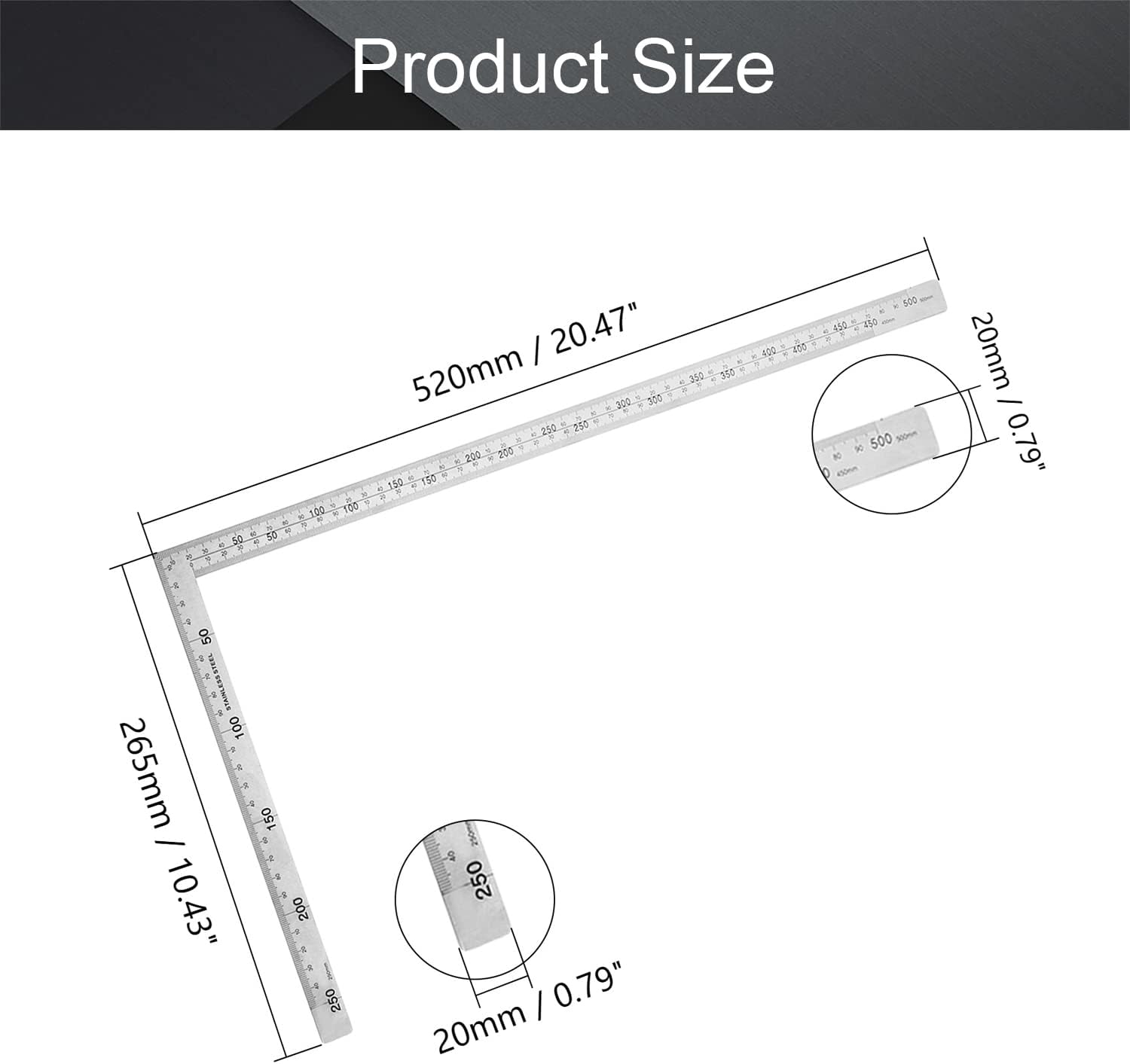 Utoolmart 250mmx500mm Stainless Steel Framing Square Right Angle Ruler Thicken Try Square Ruler Tools for Carpenter Engineer 1Pcs