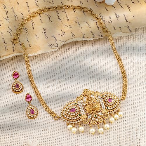 Image of Rubans Necklace Set Temple Style Cubic Zirconia Jewellery Gift for Women & Girls