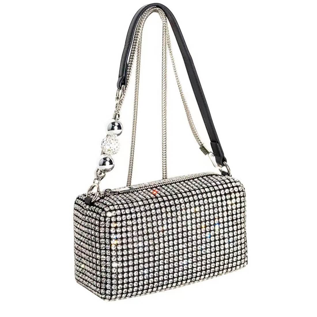 Rhinestone Purse for Women, Small Sparkly Evening Bag, Handmade Silver Purse, Glitter Shoulder Bag, Diamond Clutch Bag, Removable Chain and Handle, Sliver, S