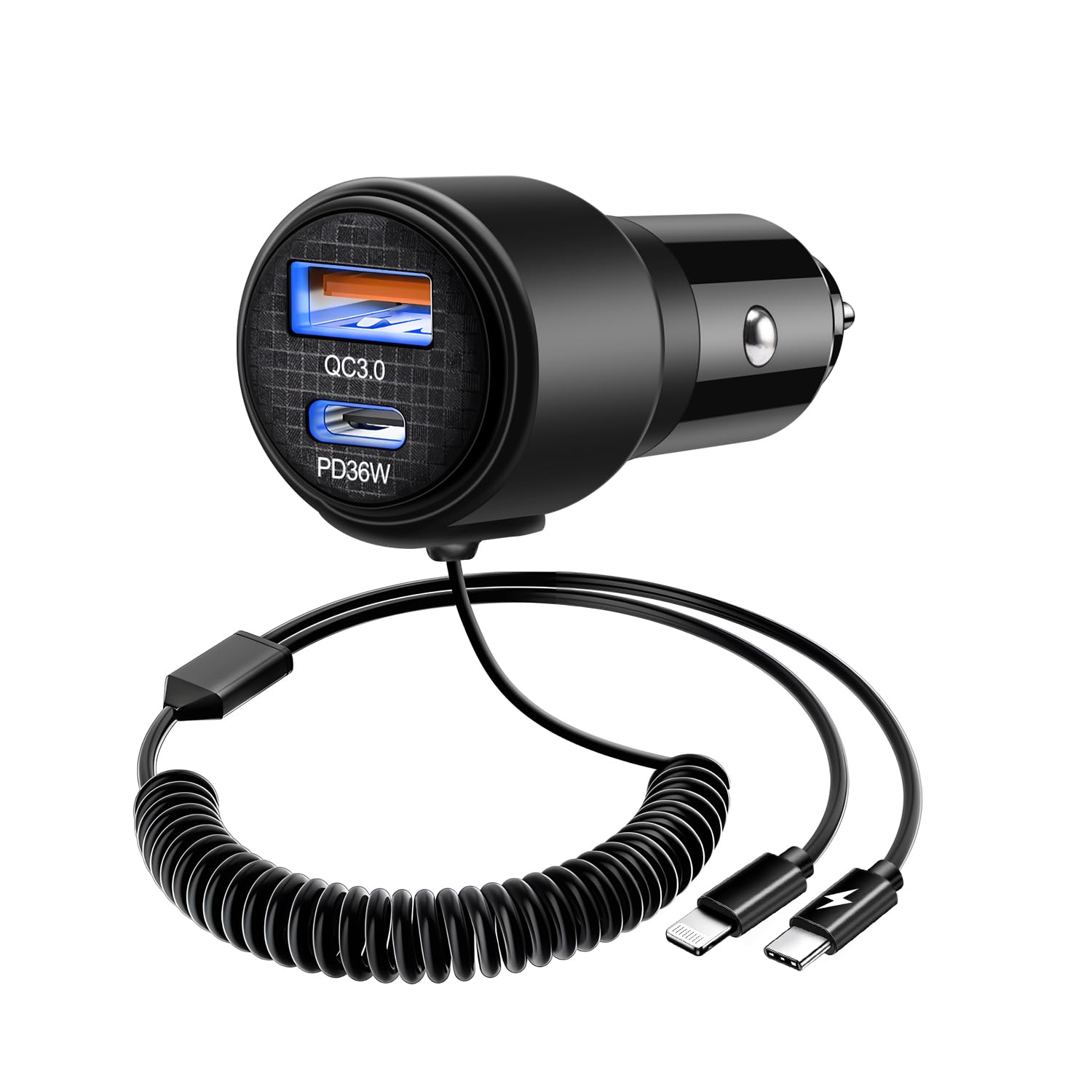 BUNUD Car Charger USB C: 66W Cigarette Lighter Adapter Fast Charging for iPhone 16/15, Galaxy S24 Ultra/S23, Pixel, Android - PD&QC3.0 Multi Port with 5ft Retractable Coiled Cable