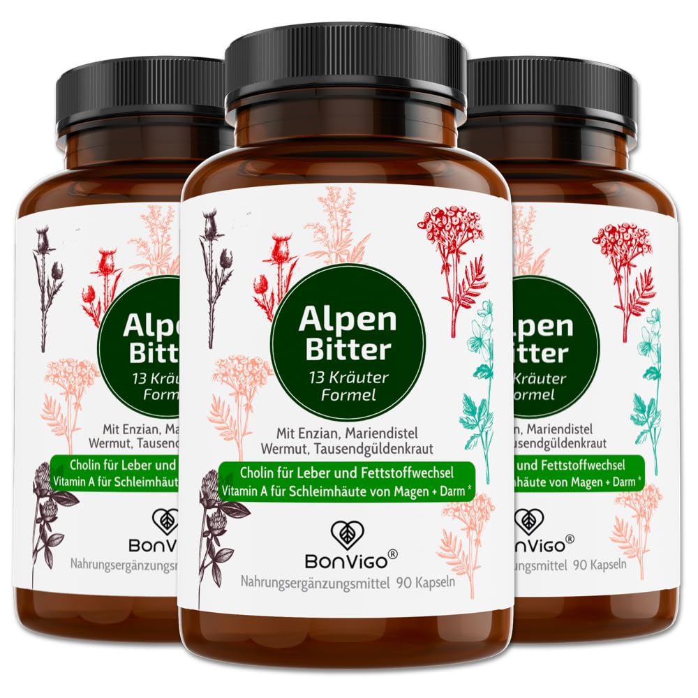AlpenBitter – 13 Kräuter Bitterstoffe Formel mit Mariendistel, Enzian, Wermut & Löwenzahn – Cholin unterstützt Leberfunktion & Fettstoffwechsel – Nach altem Klosterrezept – 270 Kapseln