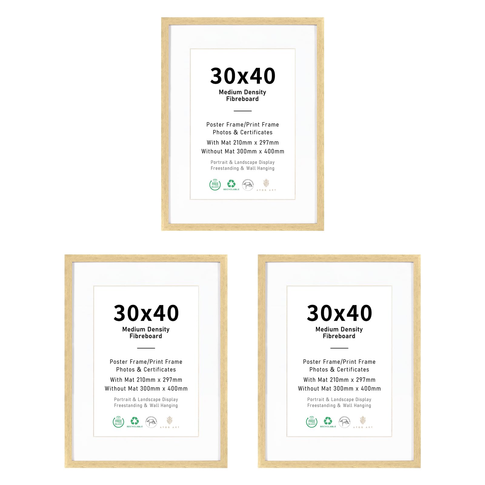 30x40 Picture Frame Set of 3, Display A4 with Mat or 30x40 without mat Images, Natural Wood Color Natural Wood Photo Frames for Wall Mounting Display