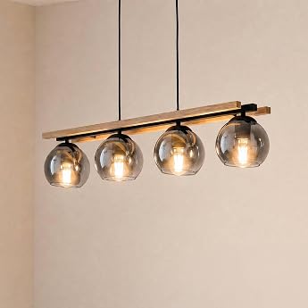 Lindby Dining Table Pendant Light Wood Glass Smoky Grey Pendant Light Smoked Glass Dining Room 4x E27 Bulbs Not Included Pendant Lamp Living Room Dining Room Lamp