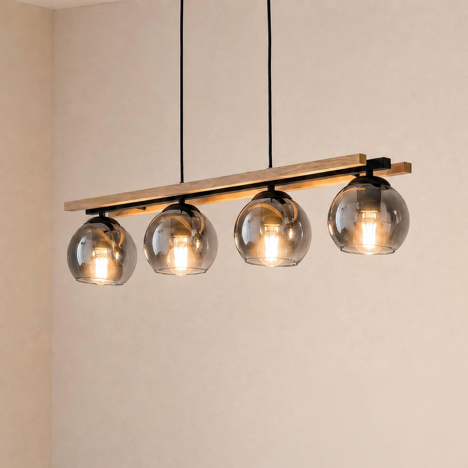 Lindby Esstisch Pendelleuchte Holz, Glas rauchgrau Hängeleuchte Rauchglas Esszimmer 4x E27 ohne Leuchtmittel Hängelampe Wohnzimmer Esszimmerlampe