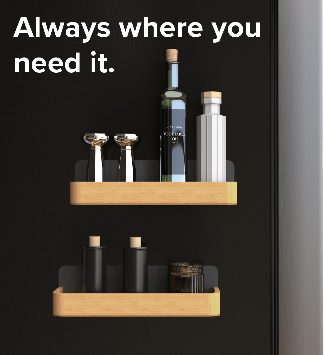 Magnetic Fridge Shelf Set – Kitchen Edge 2-Piece Bamboo Shelves with Black Metal, 11in x 3.5in x 3in, Holds up to 10lbs, Secure Space-Saving Design