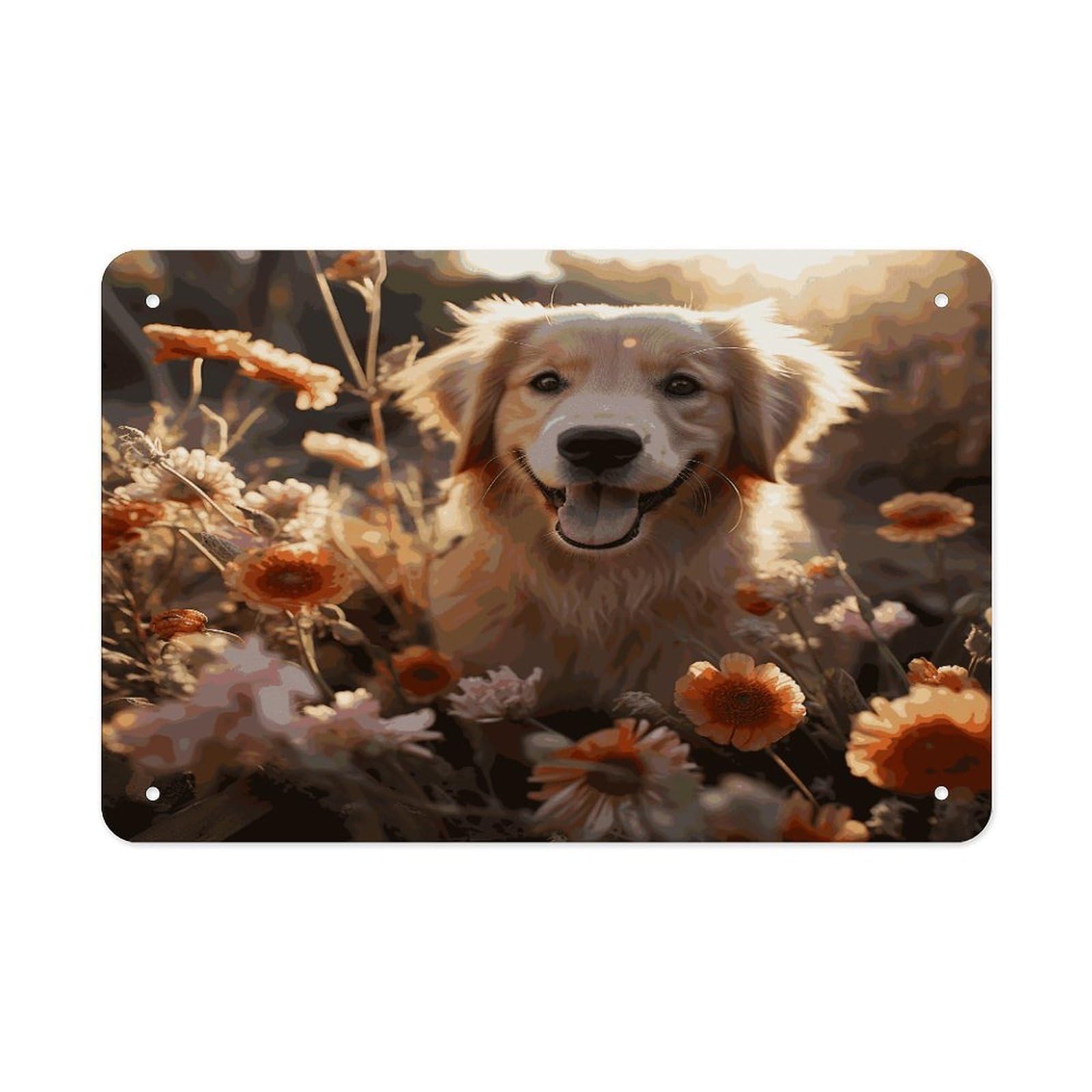 Fekiloot Style Golden Retriever And Flowers Metal Signs Wall Art Tin Sign