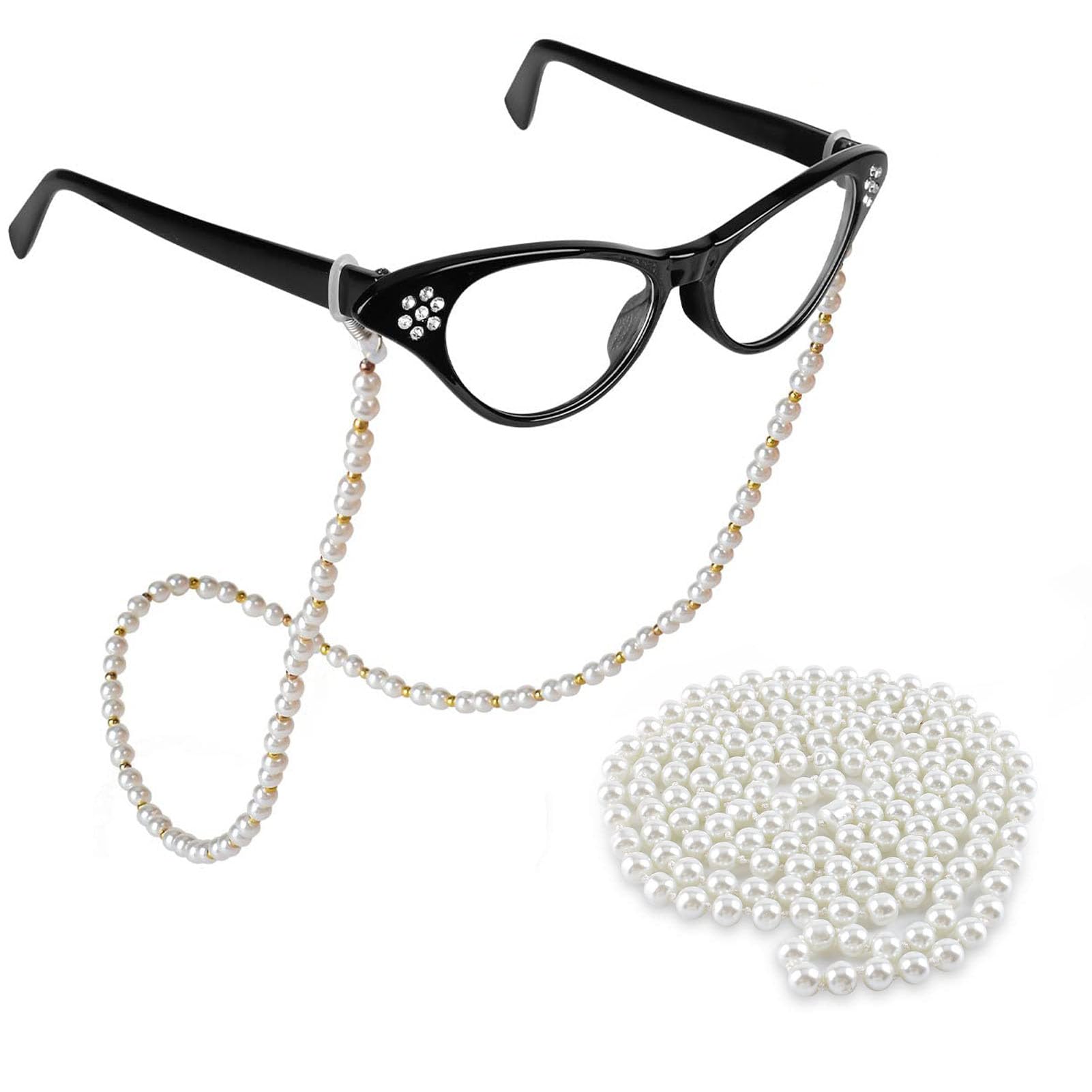 Old Lady Costume Accessories for Women Rhinestone Cat Eye Glasses Beaded  Faux Pearl Necklace Cosplay Party Dress Up Costume Accessories (Black)