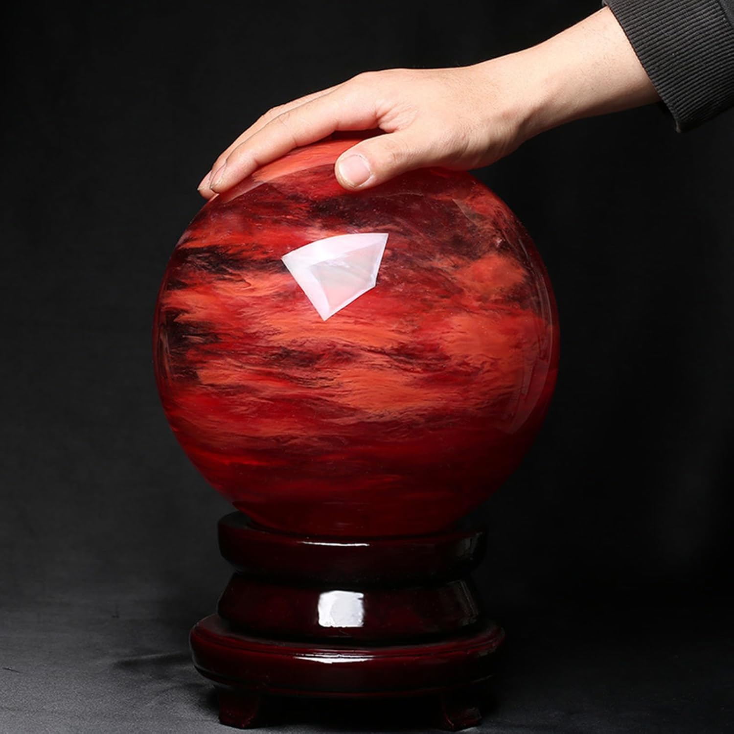Melting Red Quartz Crystal Ball, Crystal Ball Ornament with Wood Stand, Crystals Gemstone Sphere for Feng Shui Desktop Ornaments,Hand-Made,20cm