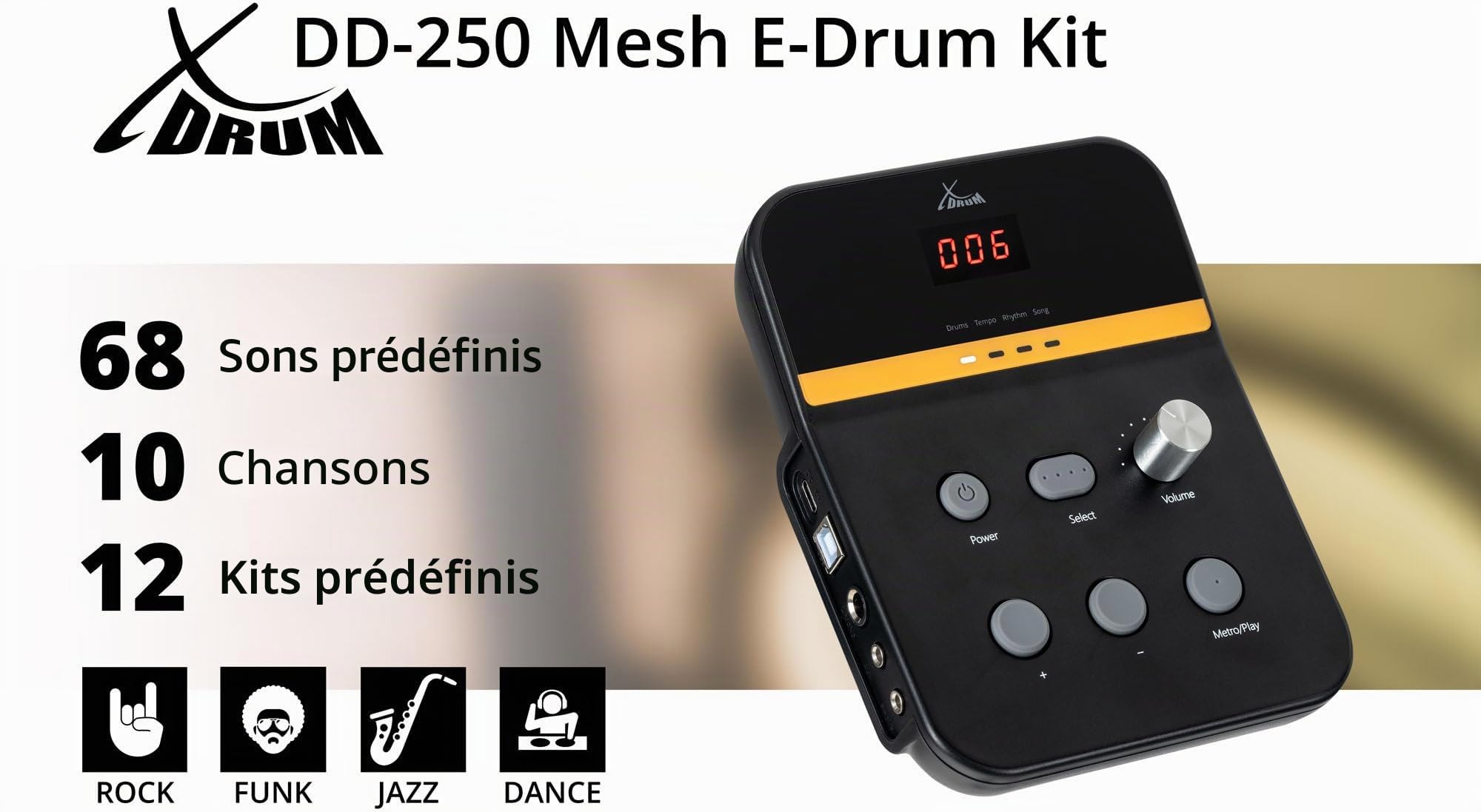 XDrum DD-250 Kit E-Drum, Batterie électronique avec peaux mesh, Rack inclus | 4x pads caisse claire/tom 8" single-zone, 3x pads cymbale 8" zone, 2 contrôleurs pied, 12 kits préréglés, 5 mm), Au total