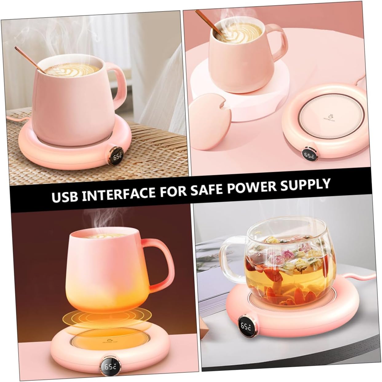 Uonlytech USB Charging Temperature Cup Warmer Level Digital Screen Light Rose Beverage Mug Warmer for Home Office Auto Shut-Off Timer Compact Portable Plastic Thermal Pad for Milk and Hot