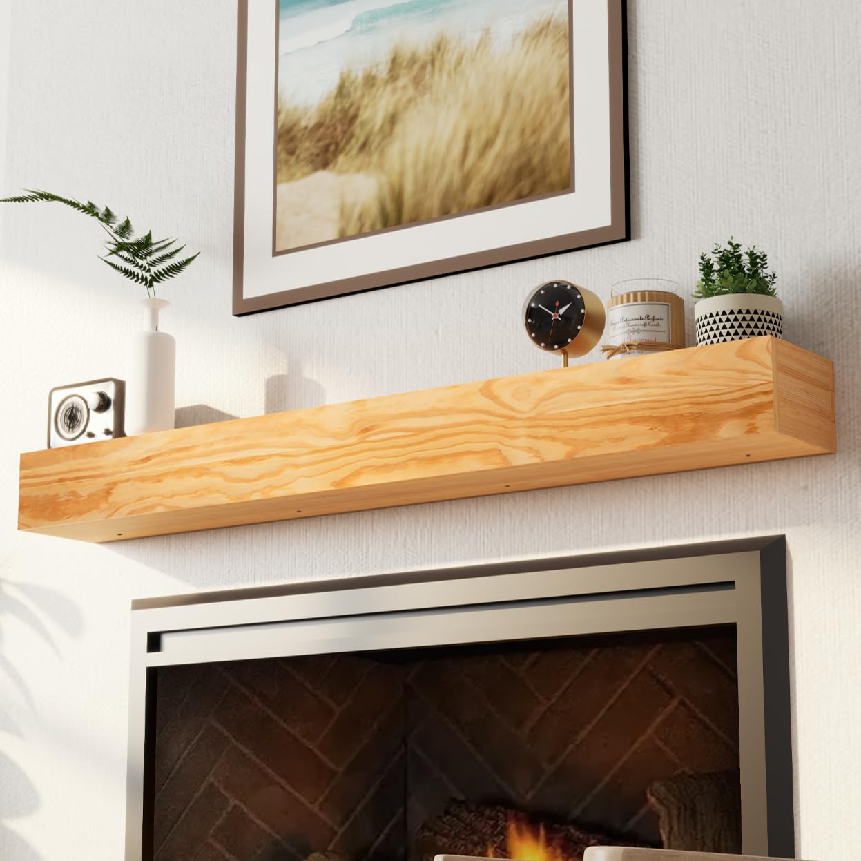 Fireplace Mantel 72 Inches Premium Pine Wood - 5.5" Thick Wood Mantles for Over Fireplace - Floating Mantel Shelf for Wall Decor - Invisible Heavy Duty Metal Bracket - Natural