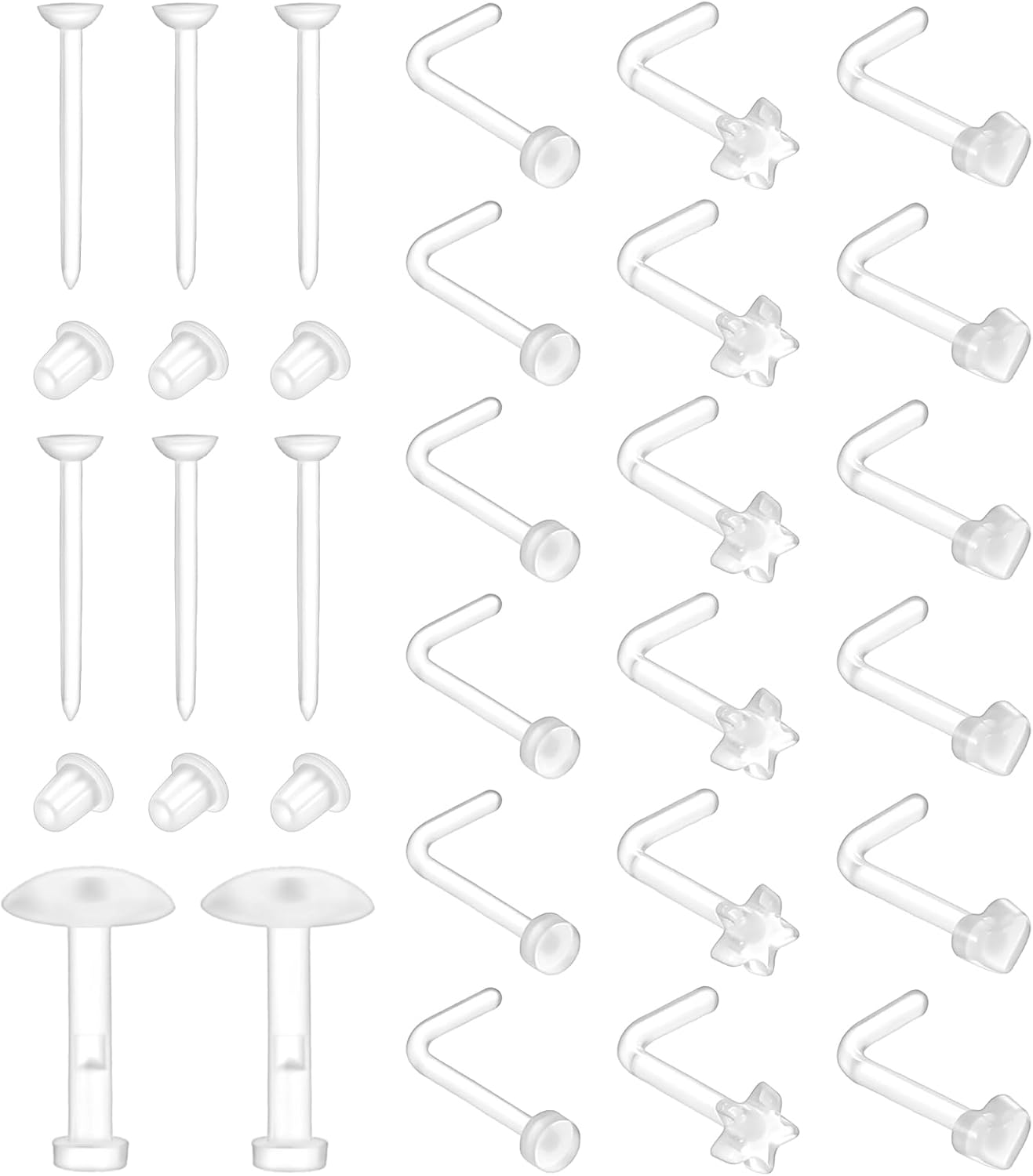 26pcs Clear Nose Piercing 18g 20g Bioflex Plastic Nose Ring Studs | Nose Piercing Retainer I & L Shape Invisible Noses Ring For Surgery Sport Work Ear Stud Tragus Cartilage Labret Lip Piercing