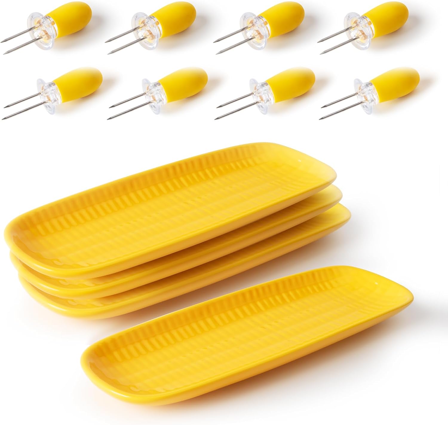 DOWAN 3D Embossed Corn on the Cob Dishes, Set of 4 with 8 Corn Cob Holders - 9.2" Ceramic Corn Trays, Oven & Dishwasher Safe - Ideal for Summer BBQ Gatherings (Vibrant Yellow)