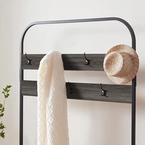 Miniatura 4 de IBF Perchero con banco de zapatos, árbol de pasillo 3 en 1 con banco de almacenamiento para entrada, árbol industrial de metal y madera con estante