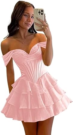 Off Shoulder Chiffon Homecoming Dress for Teens 2025 Tiered Tulle Corset Mini Prom Gowns