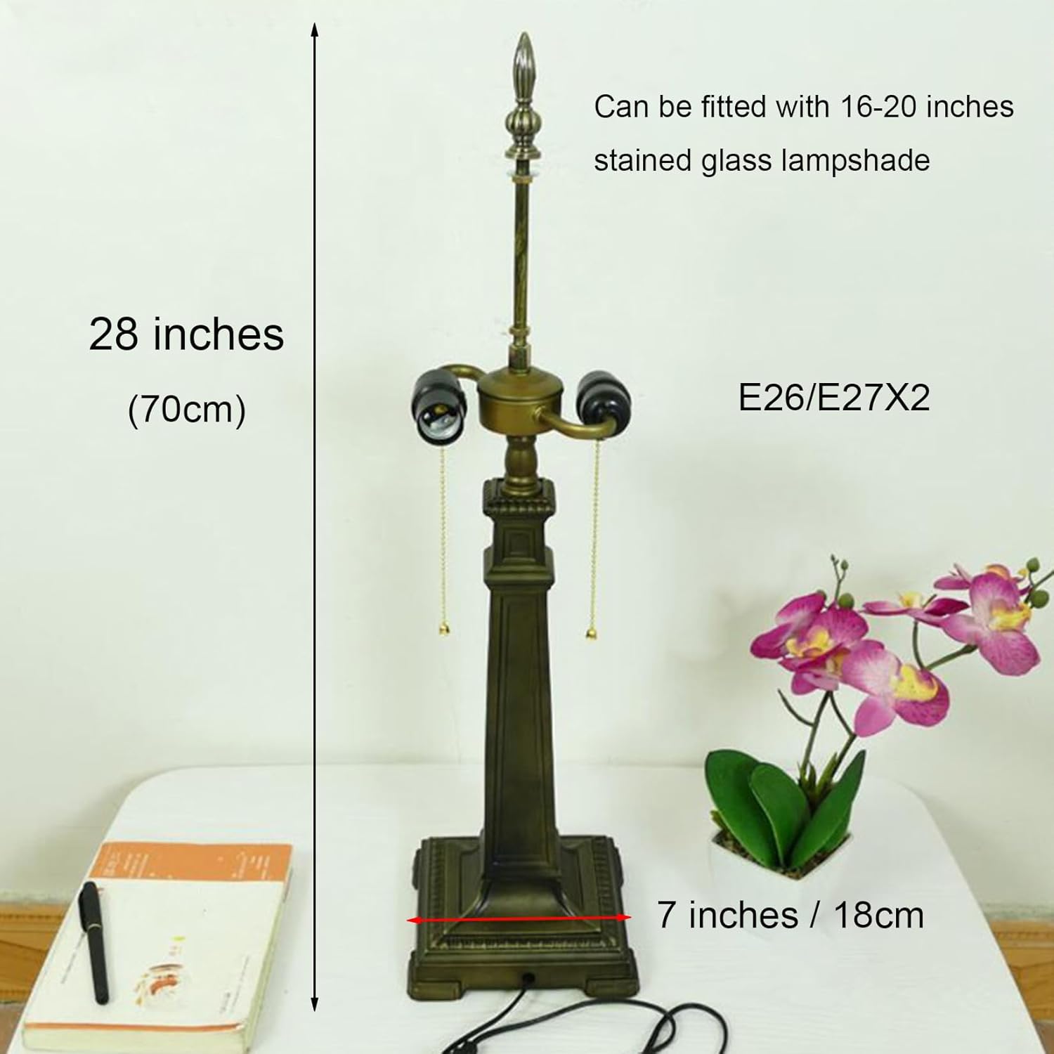 Tiffany Table Lamp Base with 2 Lights, Only 28" Height Desk Lights Base Alloy Mission Square Lamp Base Replacement Fit for 16-20 Inch Tiffany Style Stained Glass Lampshades