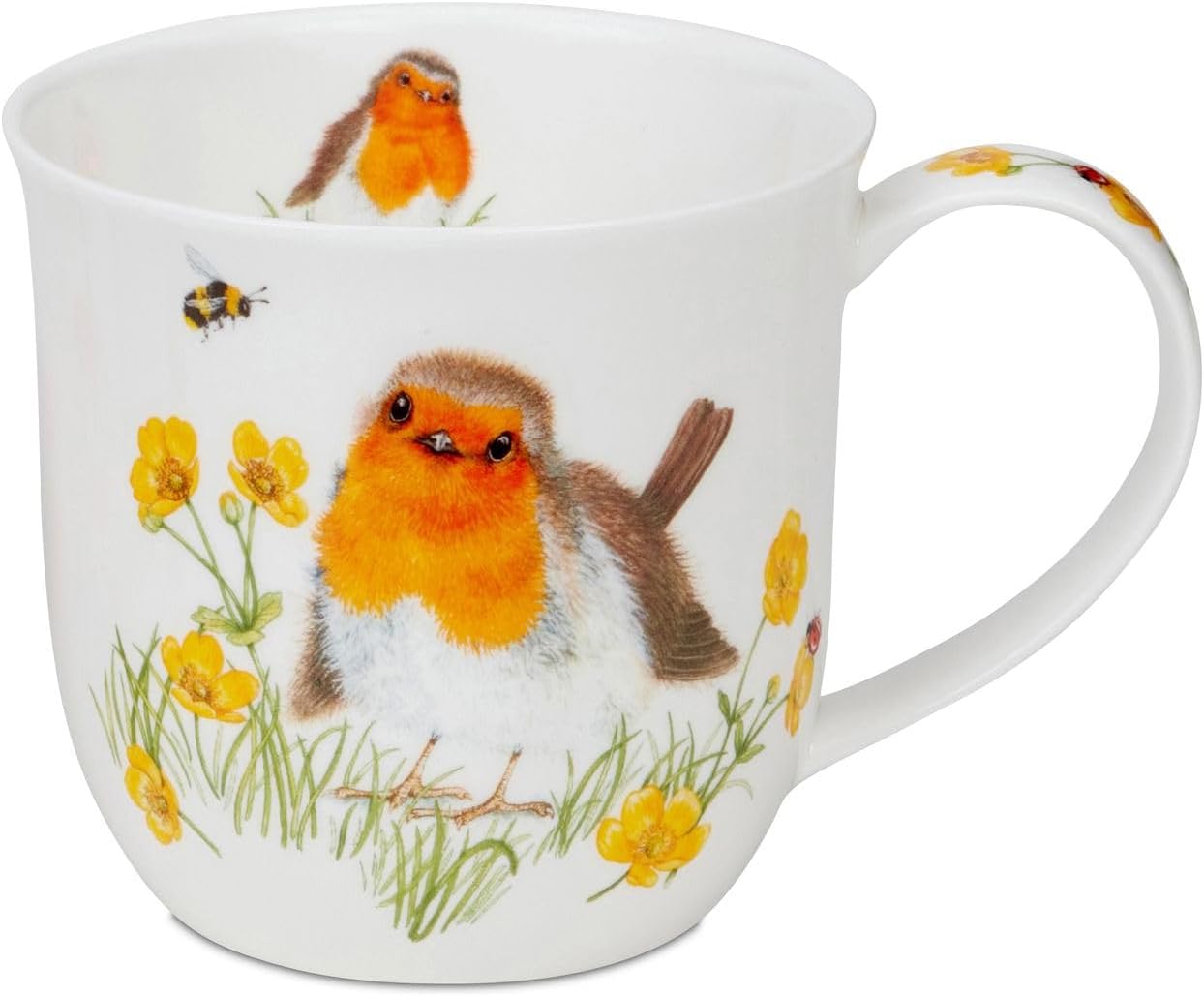 Dunoon Bone China Coffee Mug 450 ml Cumbrae Robins Mug with Robin Motif Large Tea Cup 0.45 L Handmade in England, 102 mm Diameter, 96 mm High, Dishwasher Safe, Elegant Gift