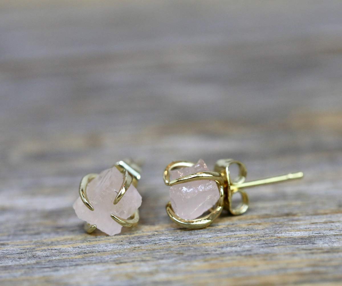 Raw Rose Quartz Gemstone Prong Stud Earrings- Women's Jewelry Gift Idea-Holiday (Rose Quartz)