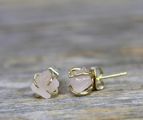 Miniatura 3 de Raw Rose Quartz Gemstone Prong Stud Earrings- Women's Jewelry Gift Idea-Holiday (Rose Quartz)