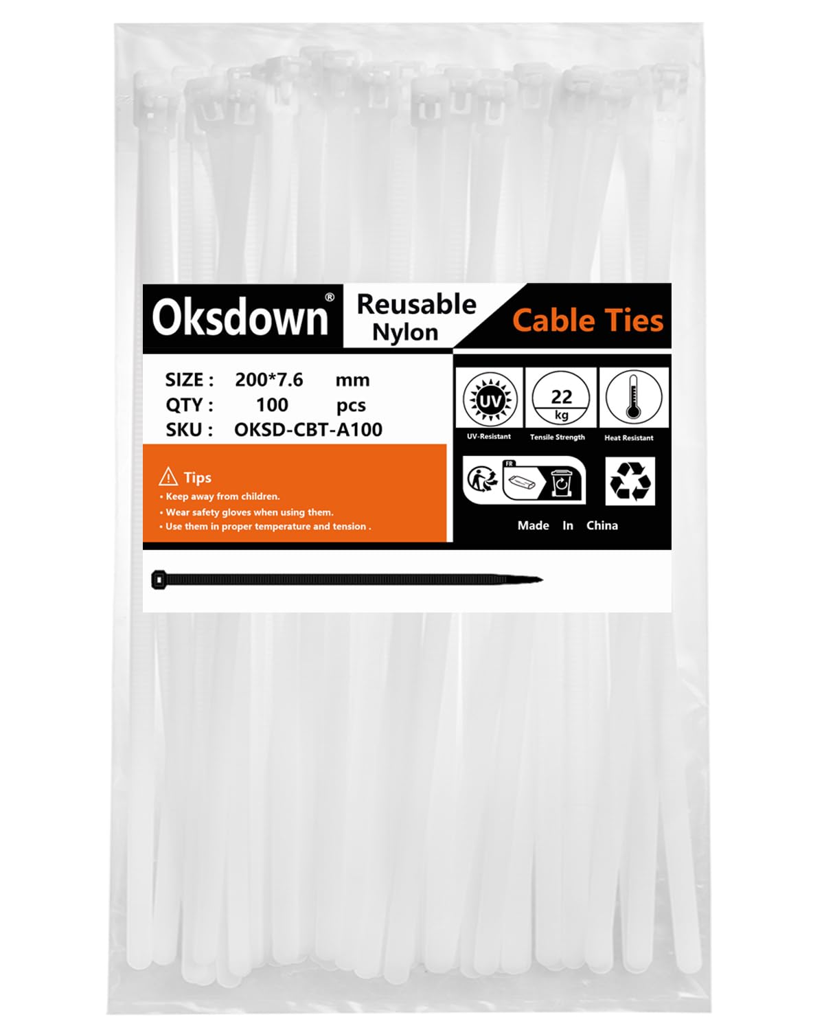 Colliers De Serrage Nylon Réutilisables Oksdown - Lot De 100, 200x7.6mm - Parfaits Pour Organisation Câbles