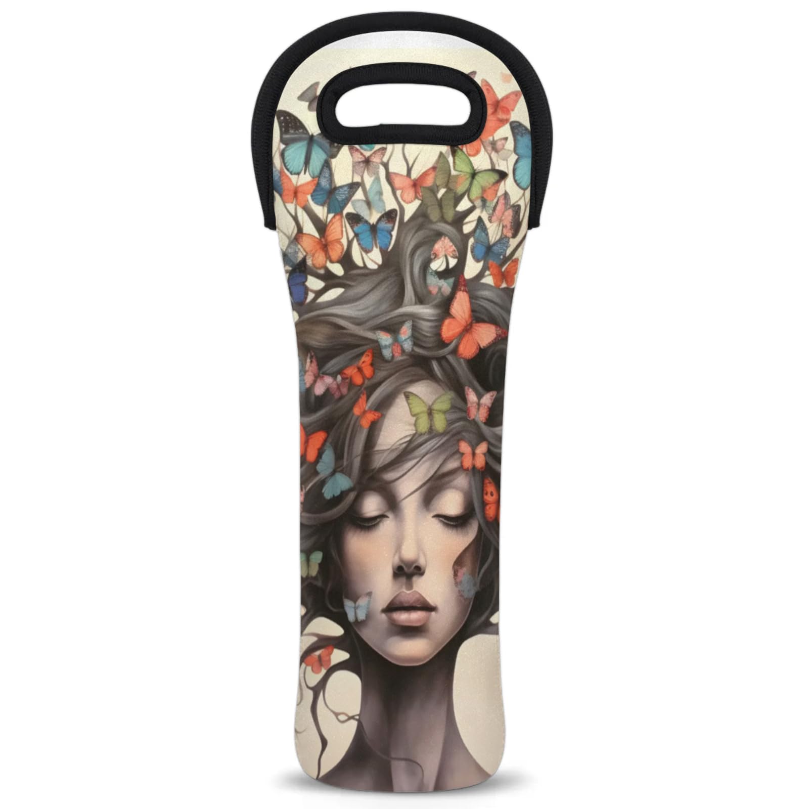 Neoprene Wine Tote Carrier Bag for Wine,Water, Champagne, Beer, Baby Bottles 15.6 x 5.1 Inches, Protective Wine Bag,Women with Butterfly