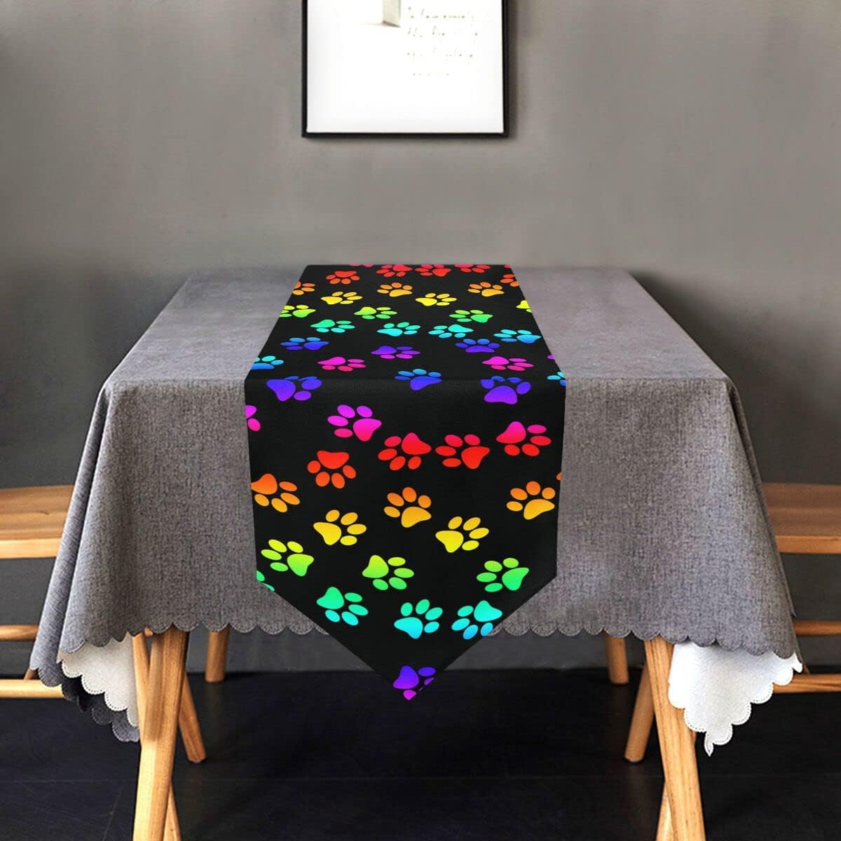Colorful Dog Paw Table Runner Polyester Triangle Table Runners for Birthday Party Holiday Dinner Home Decor 18 x 72 in
