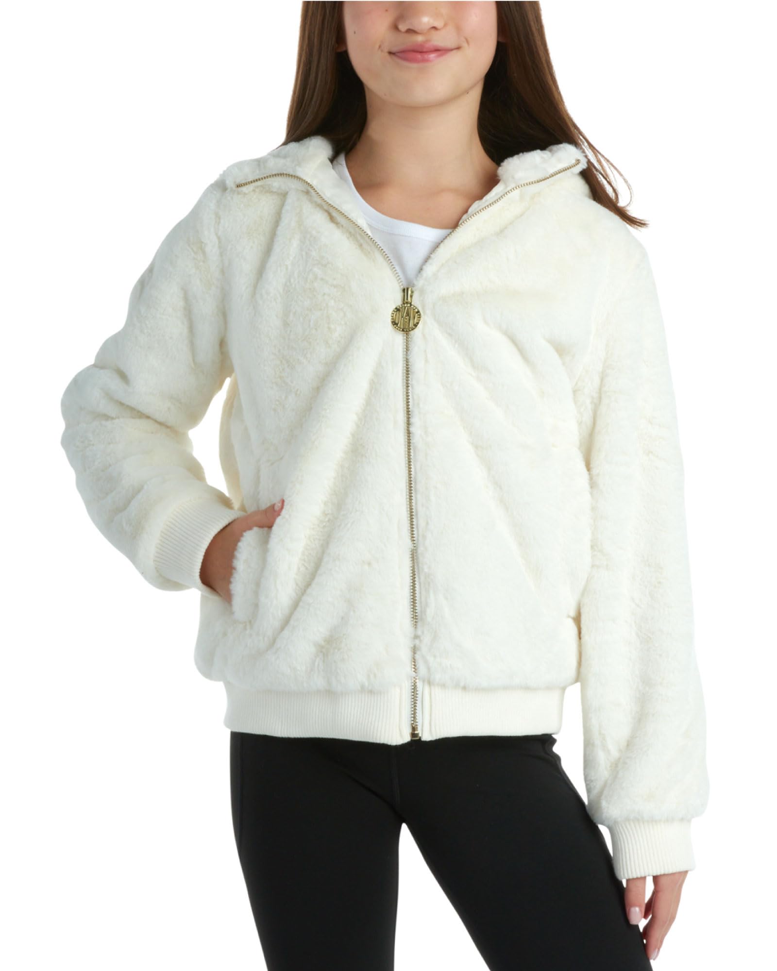 DKNY Girls' Winter Jacket Full Zip Up Faux Fur Sherpa Girl's Bomber  Jacket Warm Hooded Teddy Coat for Girls (7-16)