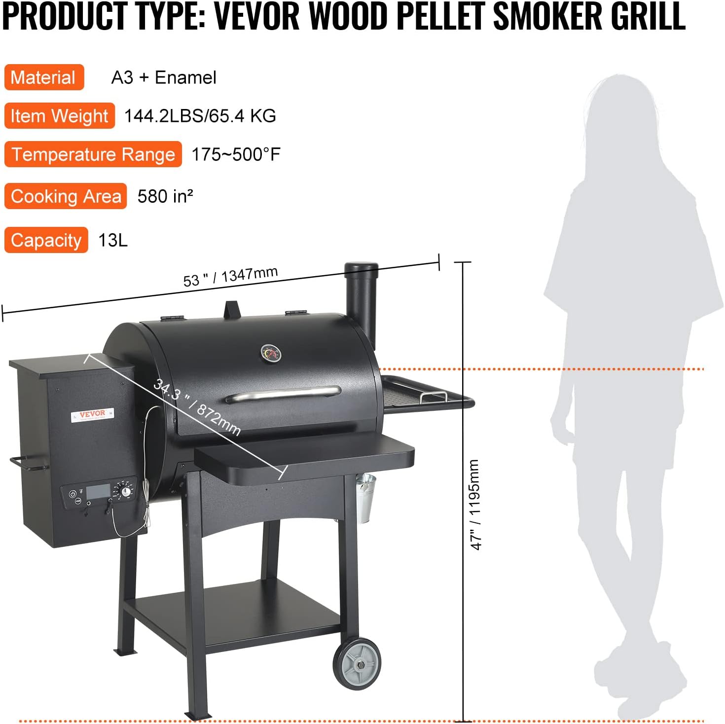 Diagram showing the VEVOR Smoker Grill with detailed dimensions: 53 inches (1347mm) length, 34.3 inches (872mm) width, and 47 inches (1195mm) height. Also lists material, item weight, temperature range, cooking area, and capacity.