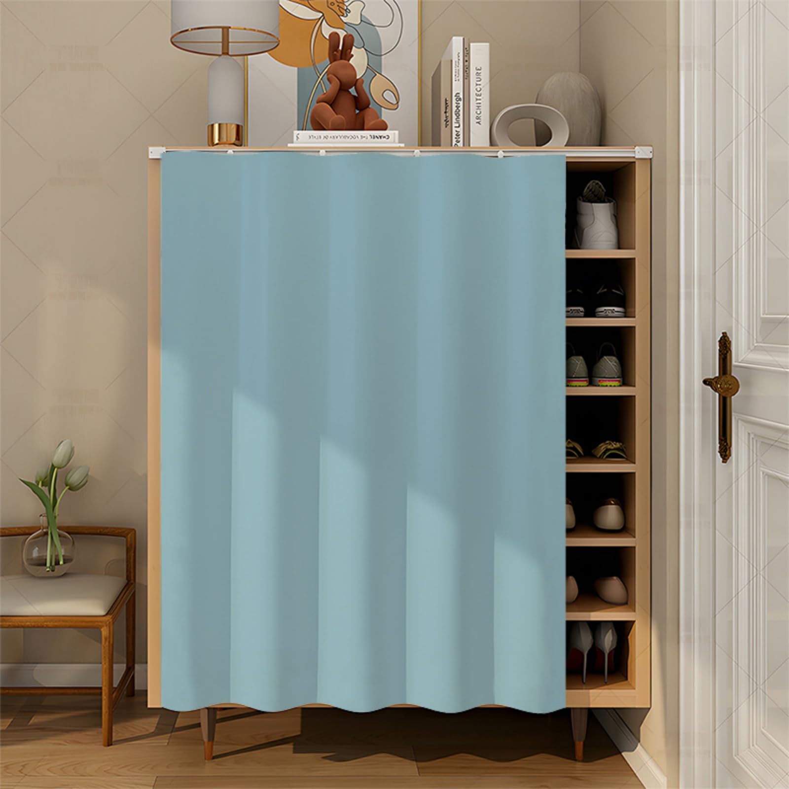 Fasbuy Cupboard Short Curtains Kitchen with Hook and Loop, Hide Away Small Curtains for Kitchen Cupboard Door - No Drilling Is Required for Under Sink, Bookcase, Bathroom (Light blue,H120x60cm)