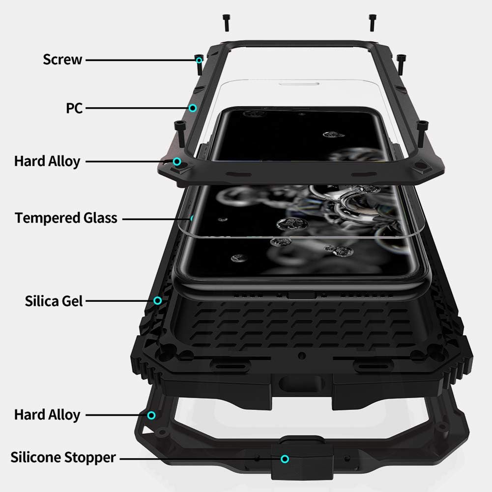 Simicoo Compatible with Samsung Note 20 Ultra Metal Case with Screen Protector Military Rugged Heavy Duty Shockproof with Stand Camera Protector Full Cover case for Note 20 Ultra (Black)
