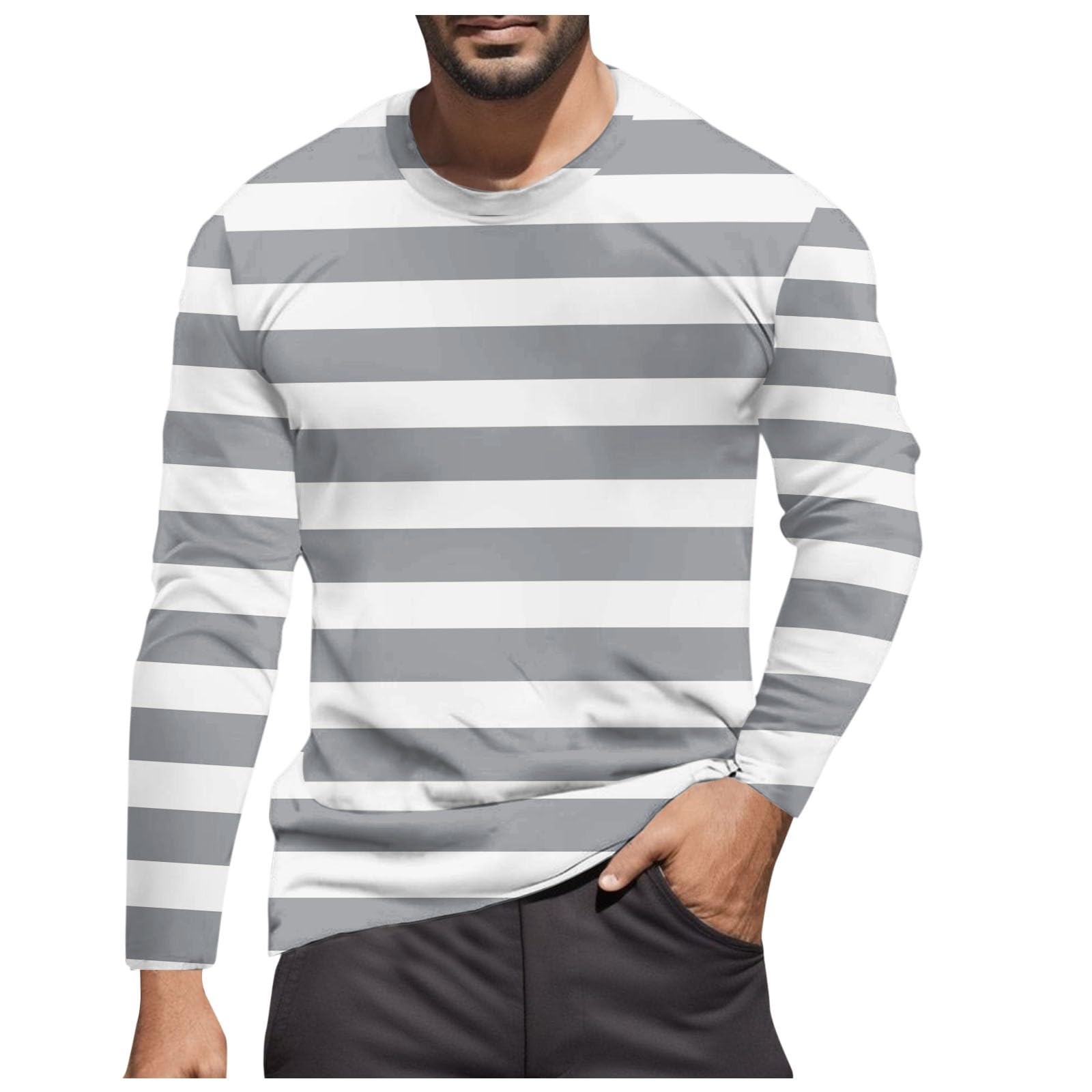 Striped Shirt Men Women Red White Long Sleeve T-Shirt Carnival Long Sleeve T-Shirt Horizontal Stripes Wide Stripes Fine Stripes Crew Neck Leisure Top Striped Shirt Fancy Dress Costumes, Grey-11, M