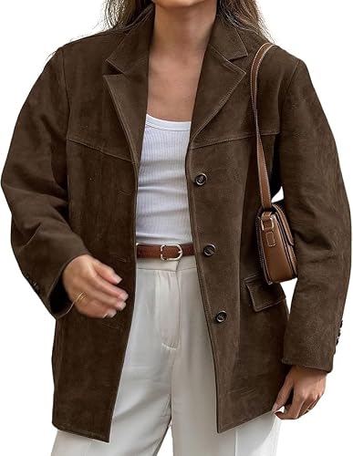 XHSYTC Suede Faux Leather Jackets for Women,Y2k Faux Leather Jacket,Womens Old Money Blazers Trench Coat,Button Down Motorcycle Coat (IT, Testo, S, Regular, Regular, Brown)