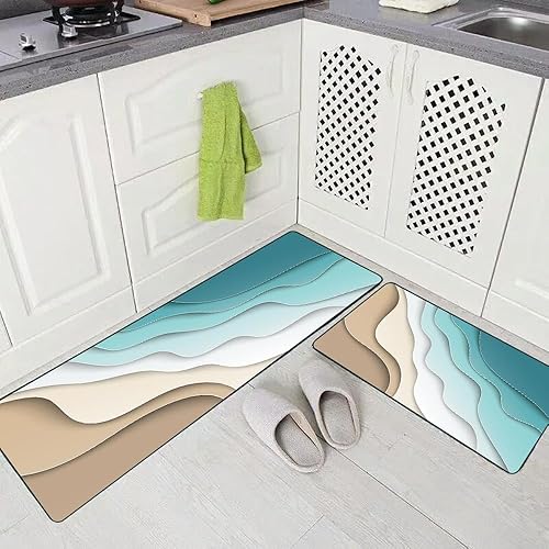 Vista 271 de TOMWISH - Tapetes de cocina para piso, color turquesa, gris, abstracto, pintura artística, 17 x 48 + 17 x 24 pulgadas, juego de alfombras de cocina