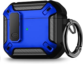 حافظة حماية بمشبك قفل امن لعلبة سماعات ابل ايربودز الجيل 3 2021 من يوسكين شحن السماعات بتصميم مدرع مع هيكل صلب للجسم بالكامل للرجال والنساء سلسلة مفاتيح الياف كربونية - ازرق