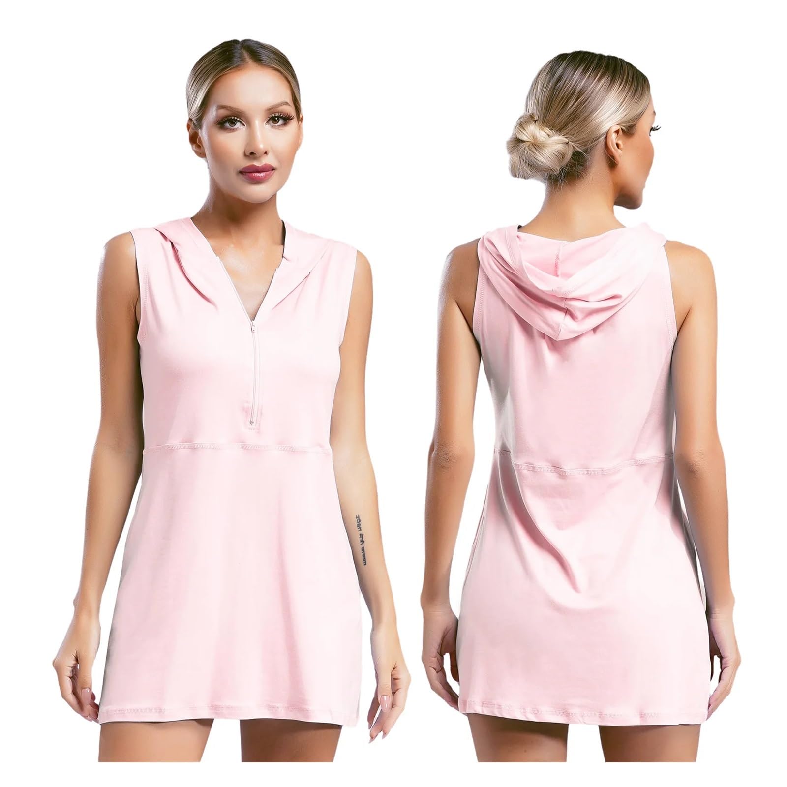 Vestido Deportivo Vestido de Tenis con Capucha for Mujer, Moda Golf, bádminton, sin Mangas, Media Cremallera, minivestidos Vestido Padel Mujer(Pink,XL)