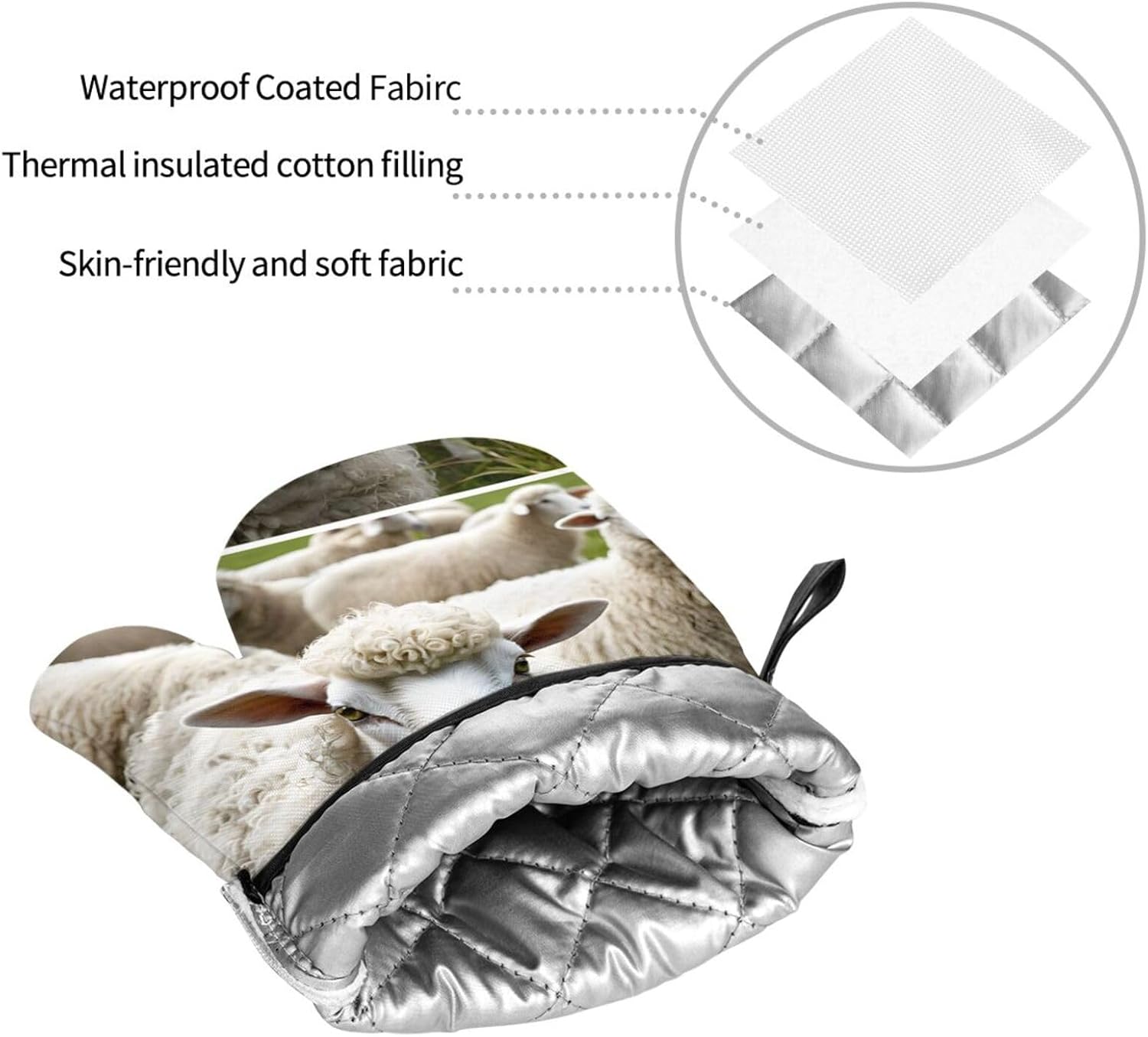 (Cute Sheep Lamb) Baking 4-Piece Set: 2 Oven Mitts and 2 Pot Holders Heat Resistant Waterproof Hanging Loop for Kitchen Oven Grill Housewarming Gifts