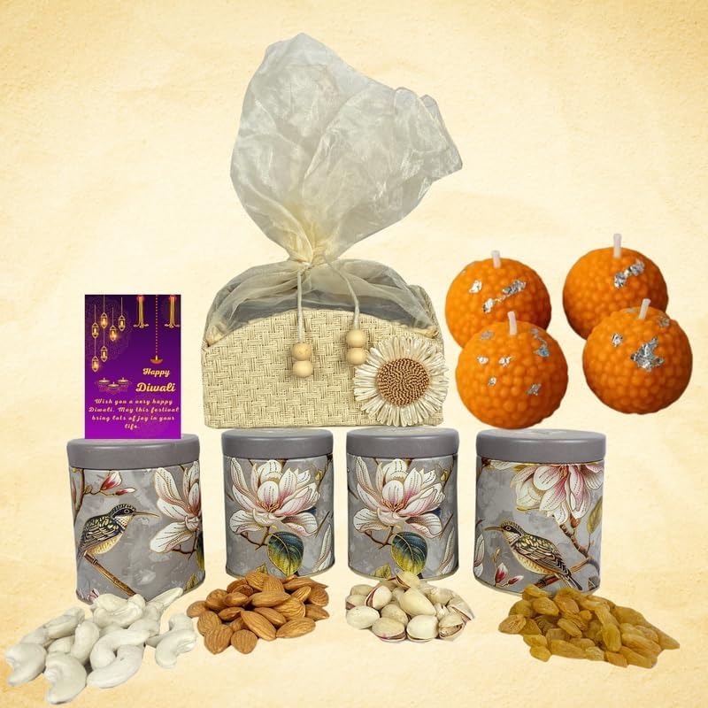 Image of NUTRI MIRACLE Edible Cups Gift Hamper with Dry Fruits Chocolates Nuts Laddu Candles for Brother & Sister