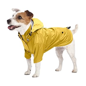 Dog Raincoats - Dog Wear Yellow Zip Up Dog Raincoat with Reflective Buttons, Pockets, Rain/Water Resistant, Adjustable Drawstring, Removable Hood